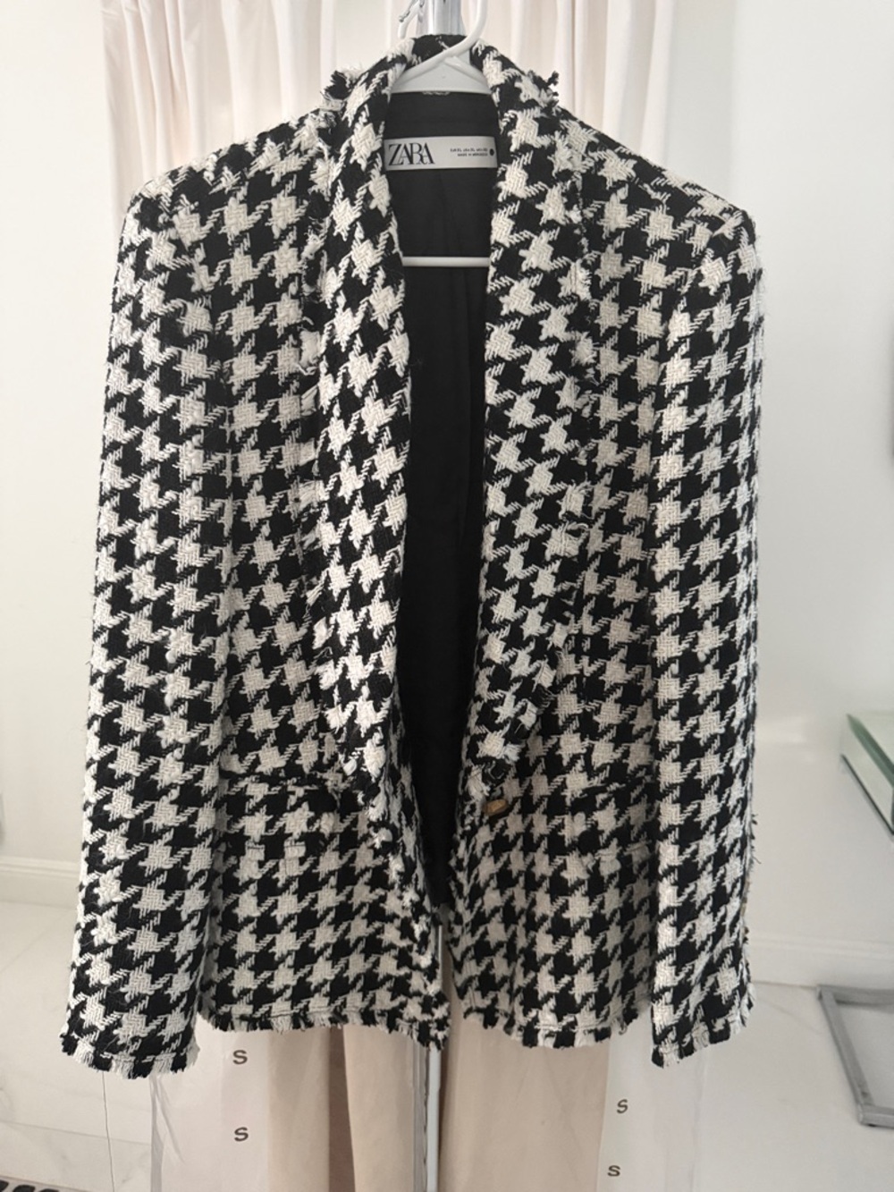 Zara Black and White Houndstooth Tweed Blazer XL